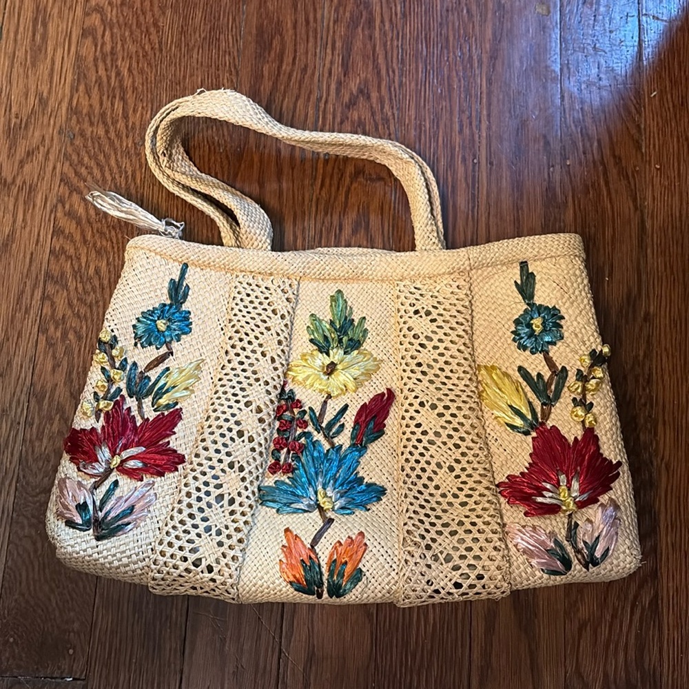 Vintage Multicolor Wicker Embroidered Flower Bag